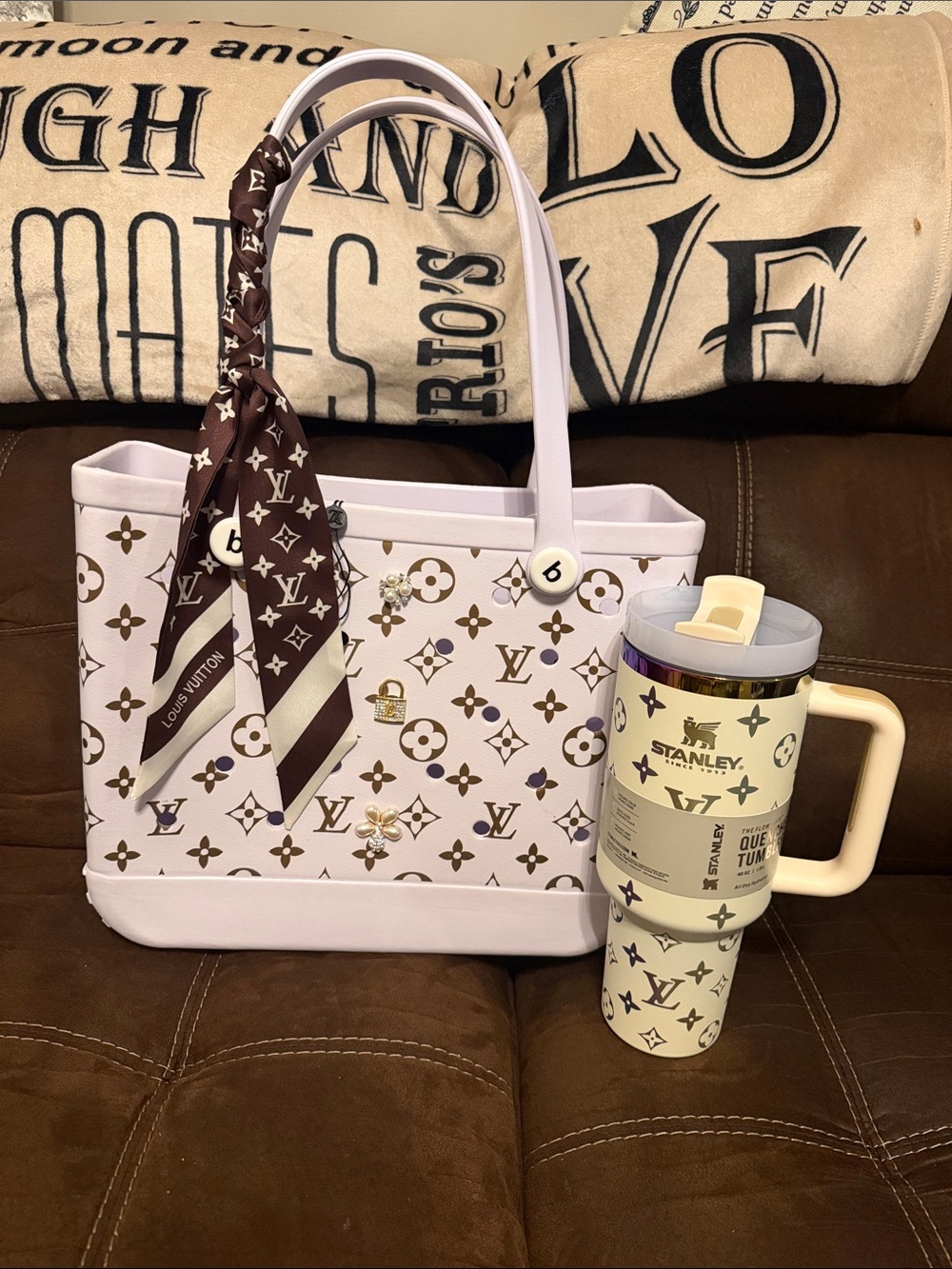 Designer-Inspired White and Brown Monogram Tote Bag with Matching Scarf along